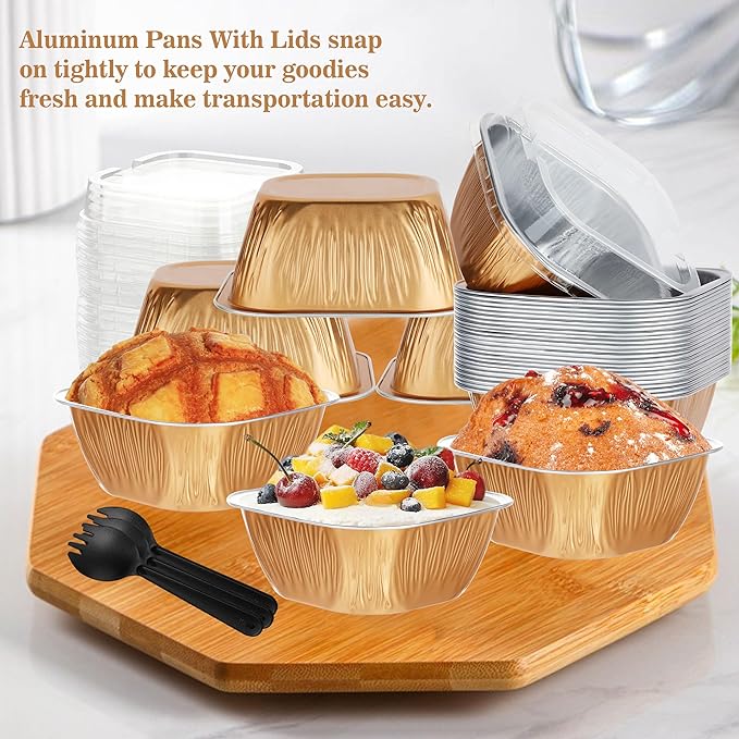 Disposable Cake Pans, BAKINGPAK 30PCS 7.8OZ Mini Cake Pans with Lids And Spoons Cupcake Liners with Lids Mini Disposable Baking Cups for Wedding Party, Rose Gold