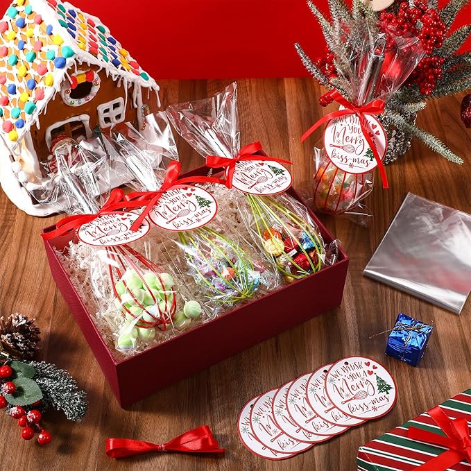 24 Sets 8 Inch Christmas Whisks Gifts DIY Fillable Christmas Tree Ornaments Xmas Colored Silicone Whisks for Cooking Heat Resistant Egg Beaters with Card Rope Bag for Candy Holder