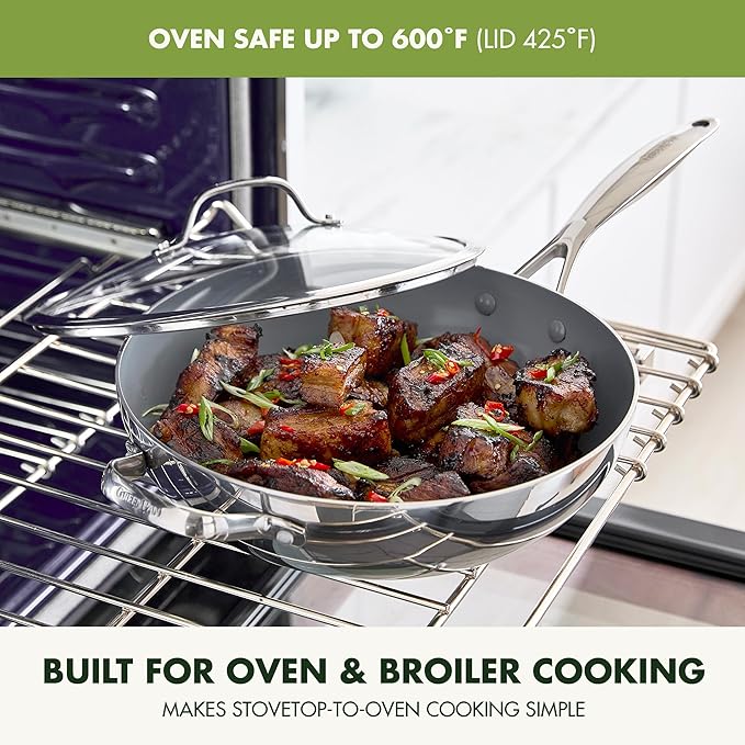 GreenPan Valencia Pro Tri-Ply Stainless Steel 12” Wok with Lid, Ceramic Nonstick PFAS-Free Coating, Multi Clad Cookware, Induction, Dishwasher Safe, Oven and Broiler Safe
