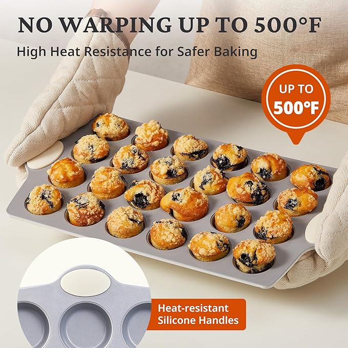 BRONYPRO Ceramic Muffin Pan, 12-Cup and 24-Cup Nonstick Aluminized Steel Mini Cupcake Pans, Healthy Non-Toxic Ceramic Coating Muffin Tin, 2 Pack Cup Cake Pans for Baking Cream