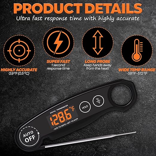 1 Second Instant Read Food Thermometer Rechargeable Meat Thermometer Digital Kitchen Thermometer for Cooking, Grill Thermometer, BBQ Thermometer Waterproof