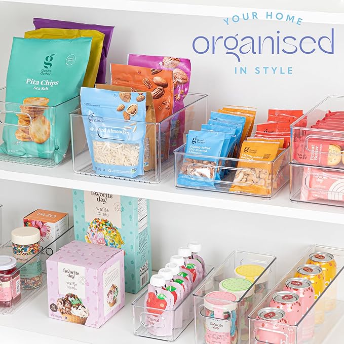 Plastic Food Storage 4 Pack Clear Container Bin with Handles for Organizing Kitchen, Pantry, Refrigerator, Freezer, Pantry, Cabinet, Closet, Bathroom. Stackable 10”x8”x3”