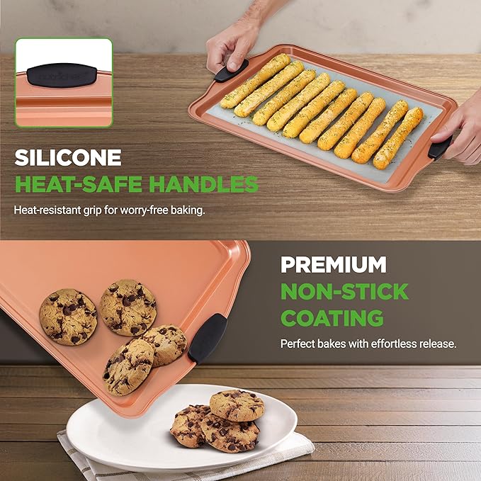 NutriChef 5‑Piece Non‑Stick Bakeware Set – Premium Carbon Steel Baking Pans Set with Silicone Handles, Stackable Oven Pan Set for Cookies, Sheet Cakes, & Roasting