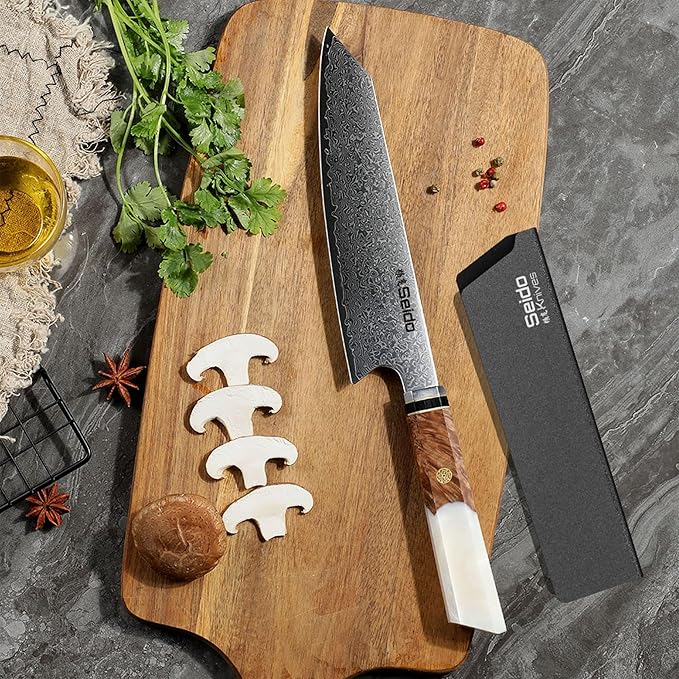 Seido Knives Kiritsuke Damascus Steel Chef Knife Epoxy Resin Stabilized Wood Handle Professional Kitchen Knife VG10 High Carbon Stainless Steel, Pearl White