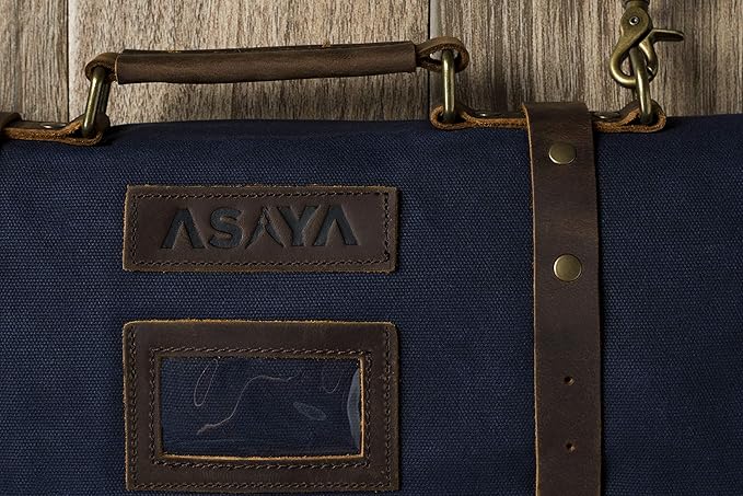 Asaya Waxed Canvas Knife Roll - 15 Knife Slots, Card Holder and Large Zippered Pocket - Genuine Leather, Cloth and Brass Buckles - for Chefs and Culinary Students - Knives Not Included