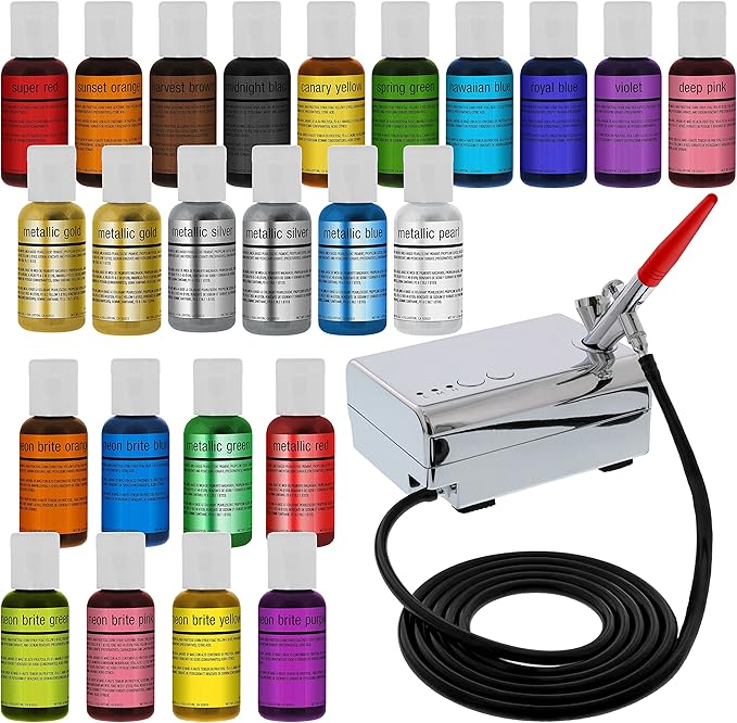 U.S. Cake Supply Complete Cake Airbrush Decorating Kit with 24 Vibrant Food Colors - Air Brush for Cake Decoration, Cupcakes, Cookies & Desserts