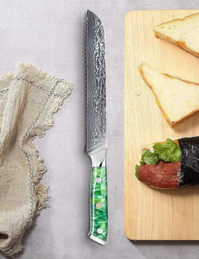 8” Bread Knife Serrated Kitchen Chef Knife - Damascus Steel & Resin Handle - Xuan Series (Jade Green)