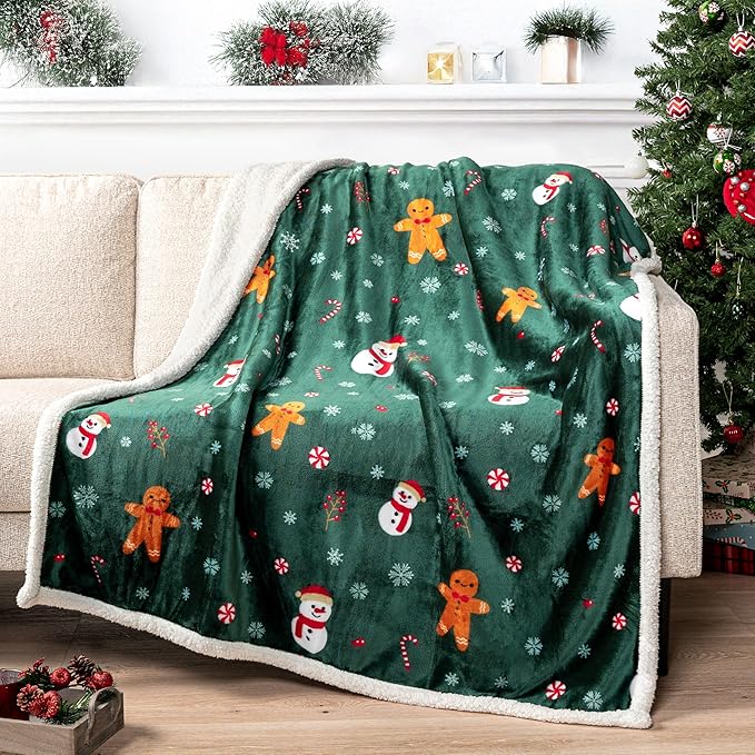 PAVILIA Premium Christmas Sherpa Throw Blanket | Christmas Decoration Gift, Fleece, Plush, Warm, Cozy Reversible Microfiber Holiday Blanket | Green Gingerbread - 60x80 Twin