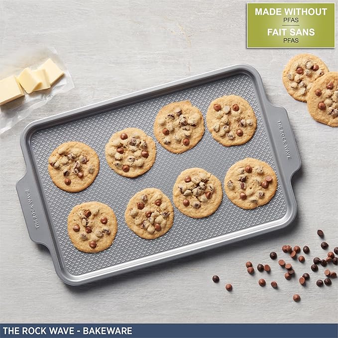 Starfrit The Rock Wave 28x44.5cm (11"x17.5") Non-Stick Large Cookie Sheet - Durable Carbon Steel - Oven Safe - PFOA Free - Easy to Clean - Grey