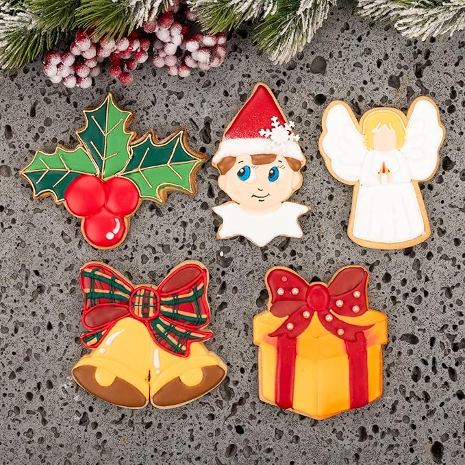 Flycalf Christmas Cookie Cutters Holly Berries Shapes with Plunger Stamps Holiday PLA Baking Accessories Cutter Molds Gifts Decorative Party 3.5" Kitchen Cake Supplies