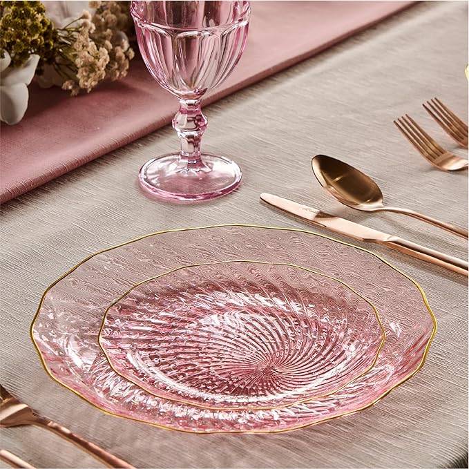 PLASTICPRO 60 Pack Plastic Plates Set of 30-10 inch Plates and 30-7 inch Plate, Elegant Clear Pink Spiral and Gold Rim Disposable Fancy Dishes Heavyweight