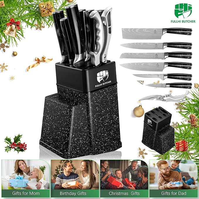 FULLHI 8pcs block Knife Set,chef's Knves Set with Block and Sharpener, Kitchen Knife Set,Multi-colour Handle, Gifts for Men Women