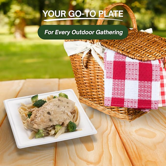 FSE 100% Compostable Square Tray Plates, 8 Inch, Heavy Duty Disposable Plates, Eco-Friendly Unbleached Bagasse, Microwave Safe, (Case of 500)