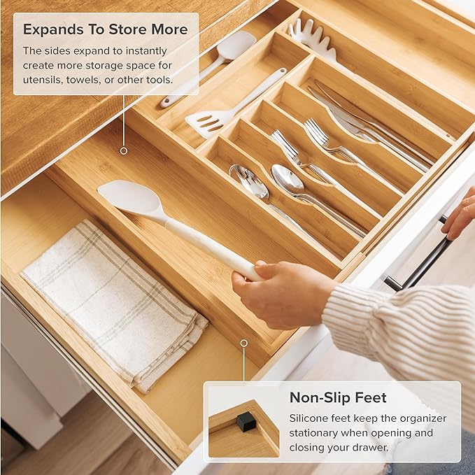 KitchenEdge Premium Silverware, Flatware and Utensil Organizer for Kitchen Drawers, Food-Safe Contract Grade, Expandable from 14 to 25 In, Natural Bamboo