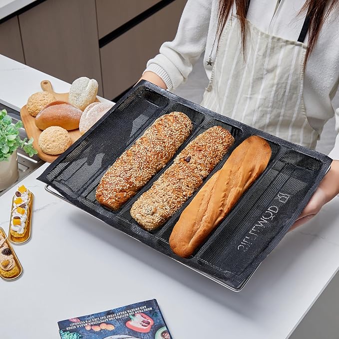 2 PCs Silicone Aerated Baguette Pan - Non-stick Flexi Silicone Pan Forms for Fench Bread - Food Grade Sandwich Mesh Oven Liner - Silicone Loaf Baking Perforated Mold