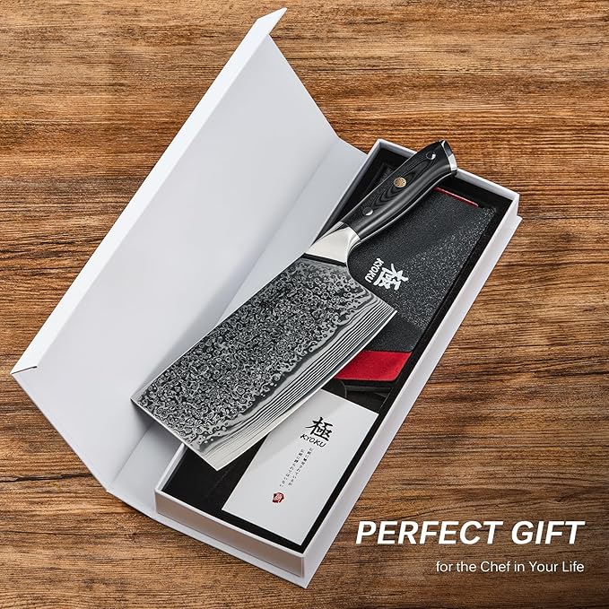 KYOKU Vegetable Cleaver Knife - 7" - Shogun Series - Japanese VG10 Steel Core Forged Damascus Blade - with Sheath & Case