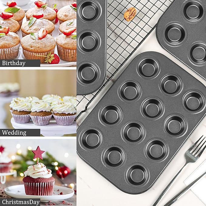 Mini Muffin Pan 2-Pack, Premium Small Cupcake Pans, Carbon Steel 12-Cup Muffin Tin, Versatile Non-Stick Bakeware