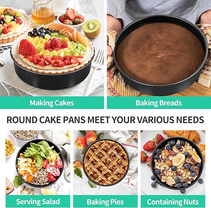 P&P CHEF Non-stick Cake Pan Set of 2, 8 Inch Round Baking Cake Pans Tins for Tier Smash Cakes, Non-Toxic & Solid, Stainless Steel Core & Leak-Proof, 2Pcs