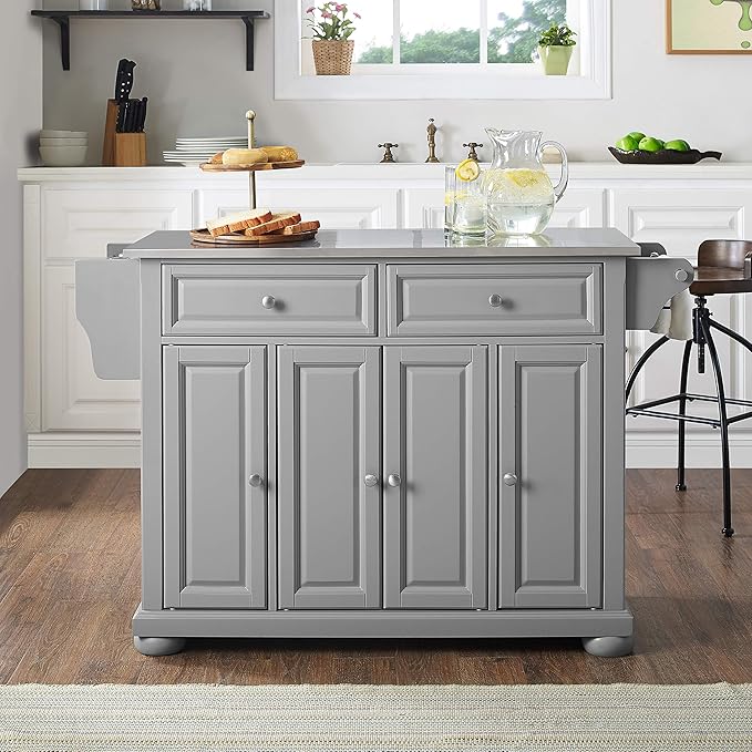 Crosley Furniture Alexandria Stainless Steel Top Rolling Kitchen Island Storage Cart, Microwave Stand, Gray
