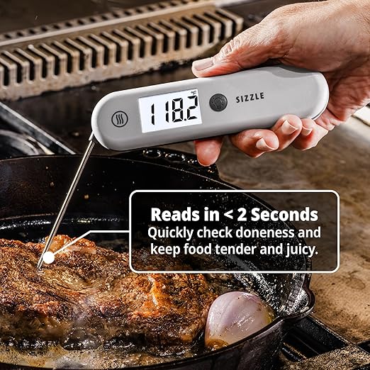 ThermoWorks Sizzle Digital Meat Thermometer – Instant Read in 2 Seconds, Waterproof, Folding Probe with Magnetic Back, Auto-Rotating Backlit Display, for Cooking Food, Grill & BBQ - Dove Grey