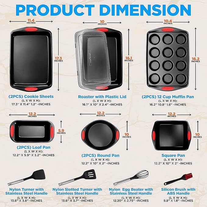 NutriChef 15-Piece Baking Pan Set - Flexible Nonstick Coating Carbon Steel Bakeware - Professional Home Kitchen Bakeware with Stackable Cookie Sheet Trays and Red Silicone Handles (Black)