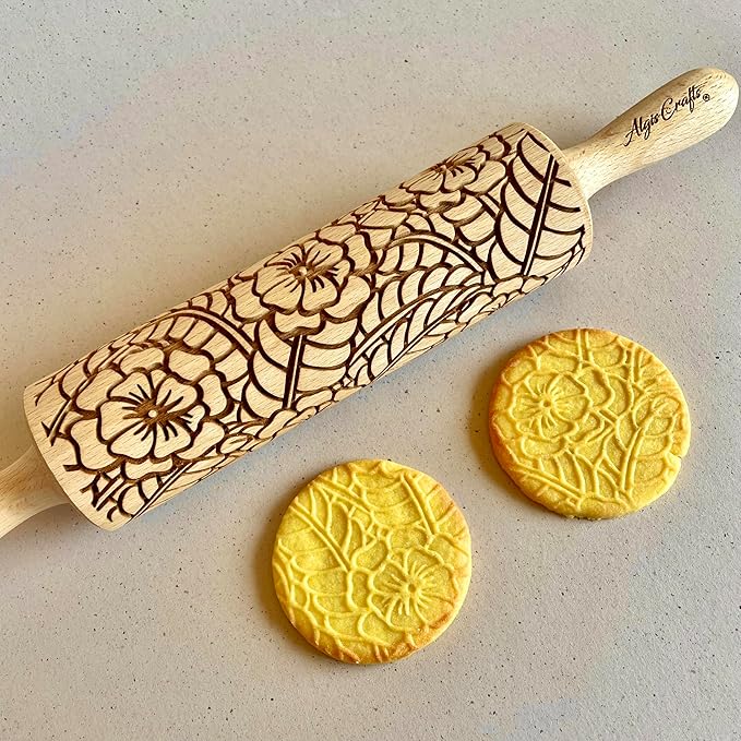 DOILY Embossing Rolling Pin with Flowers Pattern. Dough and Clay Roller for Embossed Cookies and Pottery. Cookie and Ceramic Stamp. Backing Gifts for Women by Algis Crafts