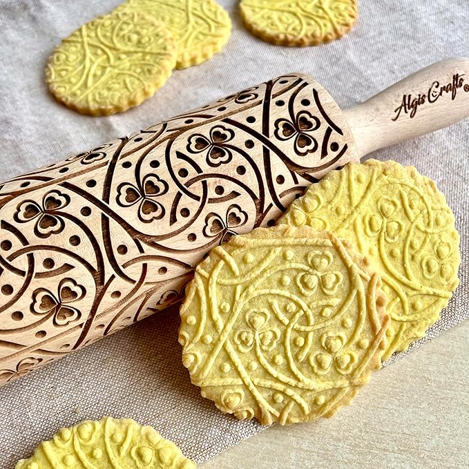 CLOVER TALE EMBOSSING ROLLING PIN WOODEN LASER ENGRAVED DOUGH ROLLER with IRISH PATTERN for EMBOSSED COOKIES SAINT PATRIC'S DAY GIFT