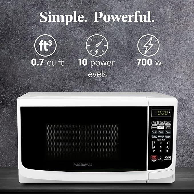 Farberware Countertop Microwave Oven 700 Watts Power Auto Cook Settings, Defrost, Easy Clean and Child Safety Lock, 0.7 Cu. Ft, White