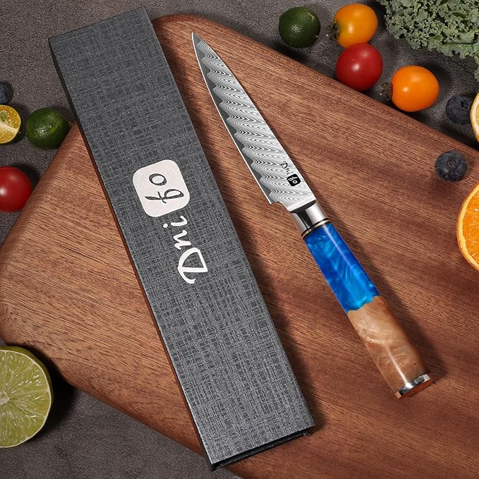 Kitchen Utility Knife 5 Inch, Japanese VG10 Steel Damascus Paring knife, Small Kitchen chef Knife with Gift Box and Resin Wood Handle, Ideal Birthday Gift for Men and Women