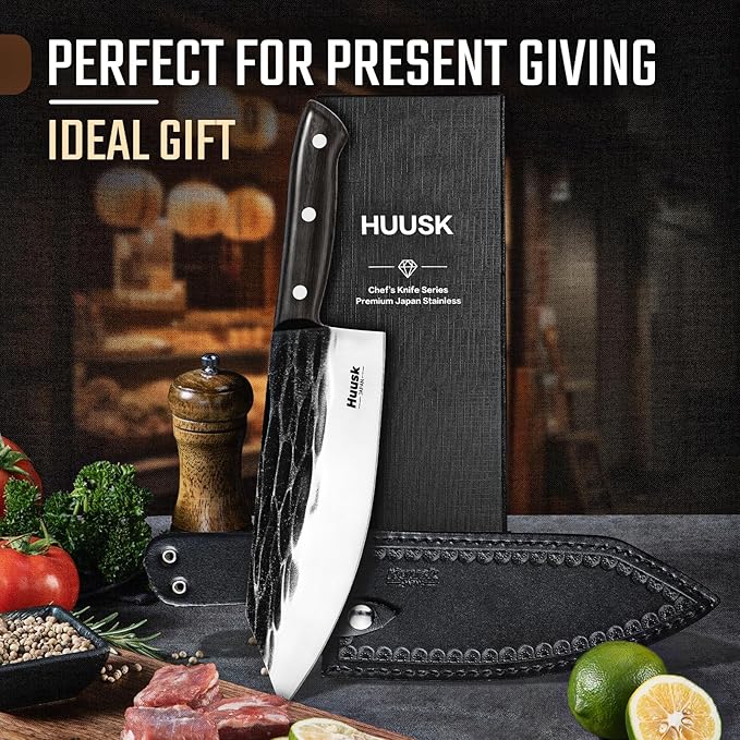 Huusk Japanese Cooking Knife, Butcher Knives for Meat Cutting, Hand Forged Kitchen Knives with Full Tang Handle, Brisket Trimming Knives with Sheath for BBQ, Camping, Gifts for Men