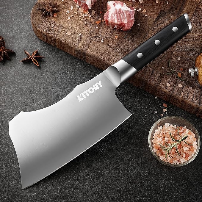 Meat Cleaver with Large Handle - 7 inch Kitchen Bone Chopper,German High Carbon Stainless Steel Chopping Knife with Ergonomic Wodden Handle - for Home Kitchen and Restaurant with Gifts Box