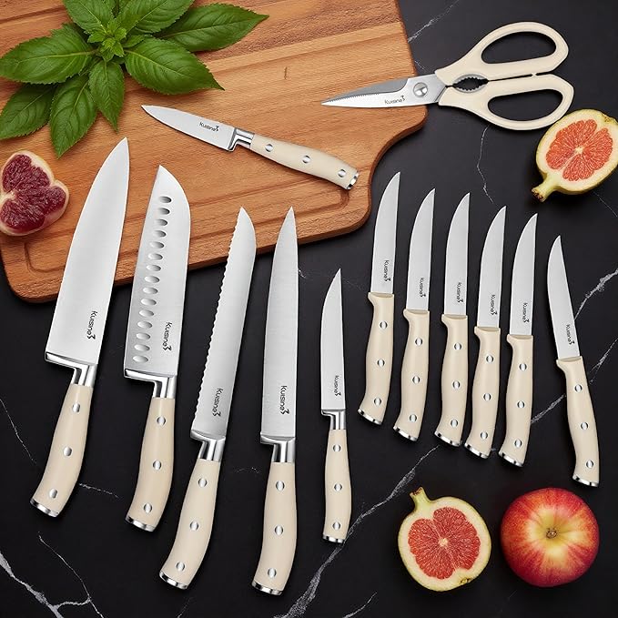 Kuisine Kitchen Chef Knife Set Upgraded,High Carbon Stainless Steel Ultra Sharp Blade Ergonomic Handle,Knife Block Set with Built-in Sharpener,Elegant Gift for Holiday(Acacia Ivory,15PCS)