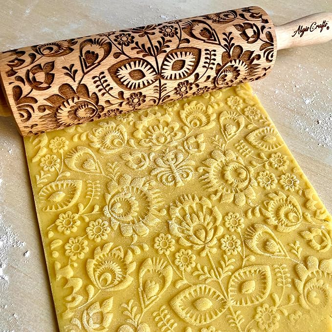 FOLK Embossed Rolling Pin. Wooden Embossing Rolling Pin With Folksy Flowers for Pottery and Cookies by Algis Crafts
