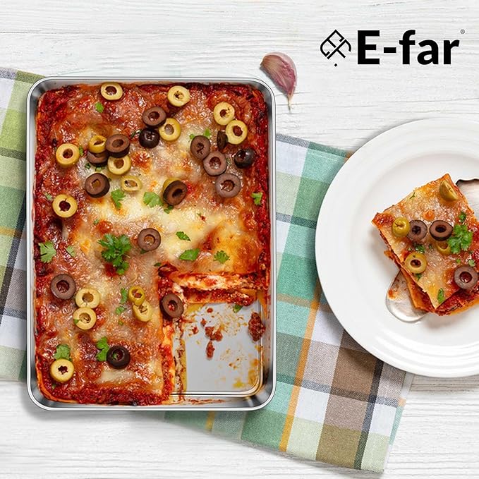 E-far Small Baking Sheet Set of 4, 10.5”x8.3” Stainless Steel Cookie Sheets Pans, Compact Non-toxic Metal Toaster Oven Trays for Cake, Healthy & Rust Free, Mirror Finish & Dishwasher Safe