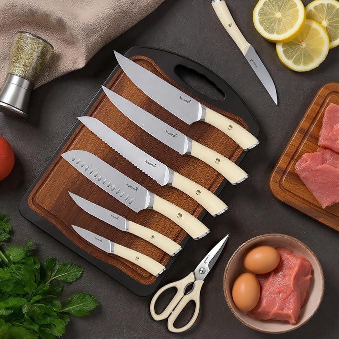 Kuisine Sharp Chef Knife Set,High Carbon Stainless Steel Ergonomic Rivet Handle,Knife Block Set with Built-in Sharpener(Acacia Ivory Pro,15PCS)