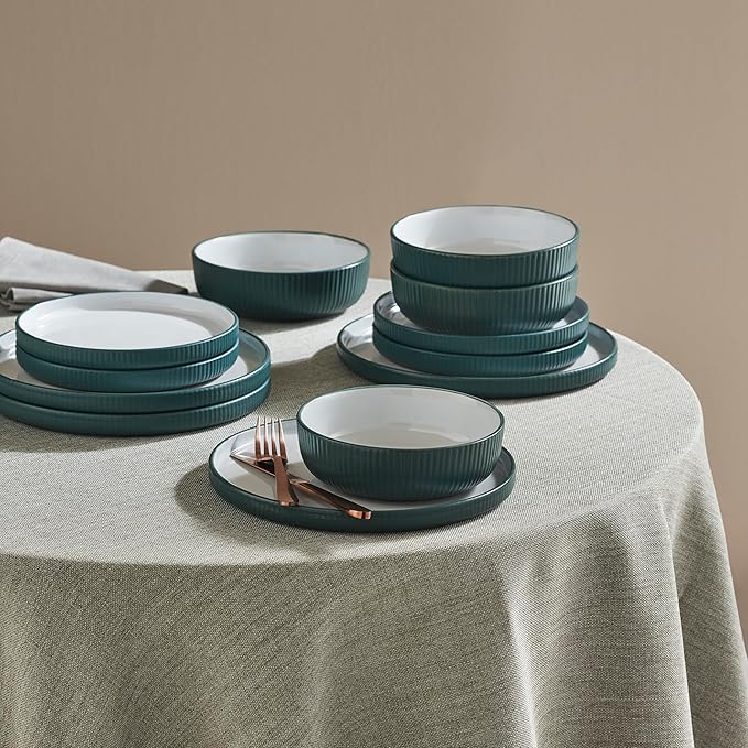 Christian Siriano Laro 12-Piece Stoneware Dinnerware Set, Plates and Bowls Set, Microwave and Dishwasher Safe, Dish Set for 4, Green