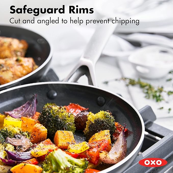 OXO Agility Series 9.5" and 11” Frying Pan Skillet Set, Ceramic Nonstick Cookware PFAS-Free Induction Suitable Quick Even Heating, Stainless Steel Handle, Chip-Free Rims Dishwasher and Oven Safe Black