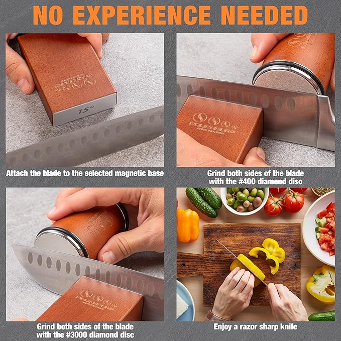 Rolling Knife Sharpener Kit for Kitchen – Chef Knife Sharpening Tool with 15° & 20° Magnetic Angle, Wooden Roller Base, Diamond Discs – Easy Manual Sharpener System