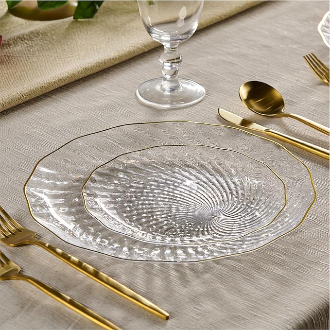 PLASTICPRO 60 Pack Plastic Plates Set of 30-10 inch Plates and 30-7 inch Plate, Elegant Clear Spiral and Gold Rim Disposable Fancy Premium Heavyweight