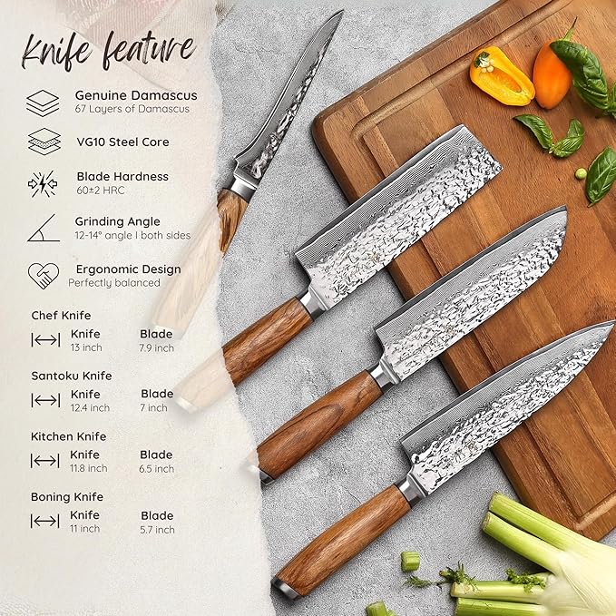 Wakoli Damascus Knife Block Set – 4-Piece Professional Chef Knife Collection with Magnetic Block | Genuine 67-Layer Damascus Steel Blades with VG10 Core | Ergonomic Zebrawood Handles