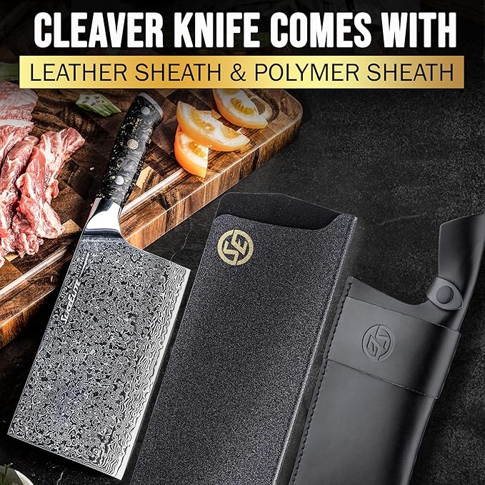 SliceElite Elite Series 7 Inch Meat Cleaver Knife Damascus VG10 Core Forged Carbon Fiber Handle Heavy Duty Chopper Sharp Kitchen Butcher Bone Cutter Vegetable Fruit Chef Tool Dual Protection Gift