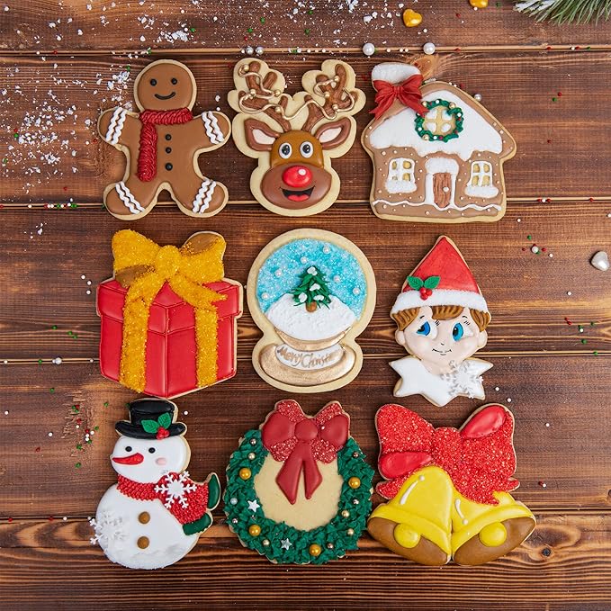 Flycalf Christmas Cookie Cutters for Kids Baking, with Stamper Stencil 3D Cake Decorating Pastry Kitchen Mold Supplies, Christmas Shapes Holiday Birthday Party Biscuit Fondant Tools