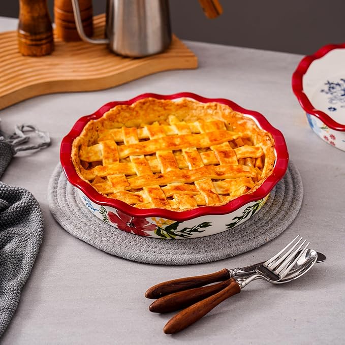 Pie Pan Ceramic Pie Plate, 9 inch Deep Dish Pie Pans, Nonstick Pie Pans for Baking, Red Floral Pie Dish For Kitchen
