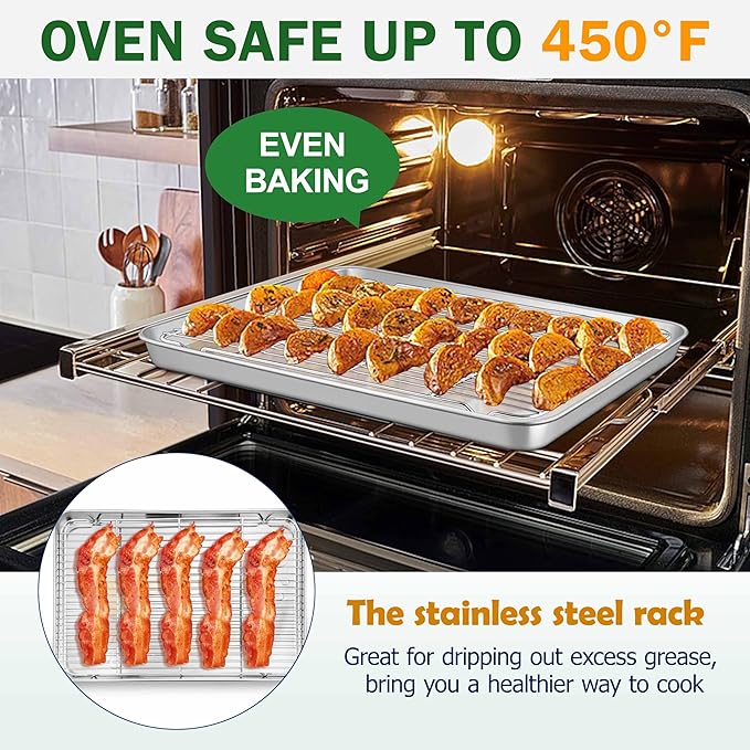 19.6 Inch Baking Sheet Pan with Rack Set, Joyfair Stainless Steel Toaster Oven Pans Tray & Cooling Racks for Cookie/Jelly Roll/Bacon/Meat, Commercial Metal & Rust-free, Dishwasher Safe
