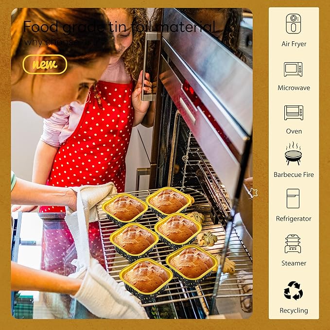 50 Pack Mini Cake Pans with Lids and Spoons Aluminum Foil Pans Square Cake Tins for Bakery Party Wedding (Black Gold Spot,5 oz)