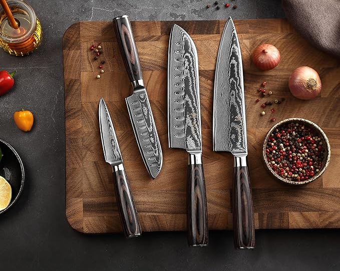 Wakoli ESE 4-Piece Damascus Knife Set – Professional Chef Knives | 67-Layer VG10 Core Steel | Santoku, Chef, Small Santoku & Office Knife | Ergonomic Pakkawood Handles | Gift Box