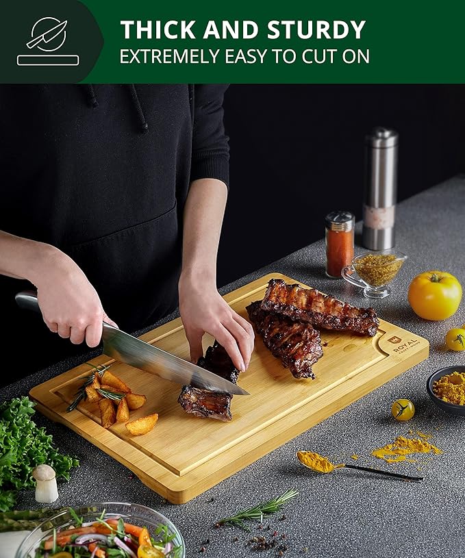 ROYAL CRAFT WOOD Wooden Cutting Boards for Kitchen Meal Prep & Serving - Bamboo Wood Serving Board with Deep Juice Groove Side Handles - Charcuterie & Chopping Butcher Block for Meat