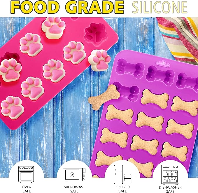 Anaeat Reusable Silicone Molds with Puppy Dog Paw and Bone Shaped, Flexible & Non-Stick Ice Cube Tray, Candy and Chocolate Making Mold for Homemade Baking Dog Treats, Jelly, Biscuit & Cupcake (2 Pack)