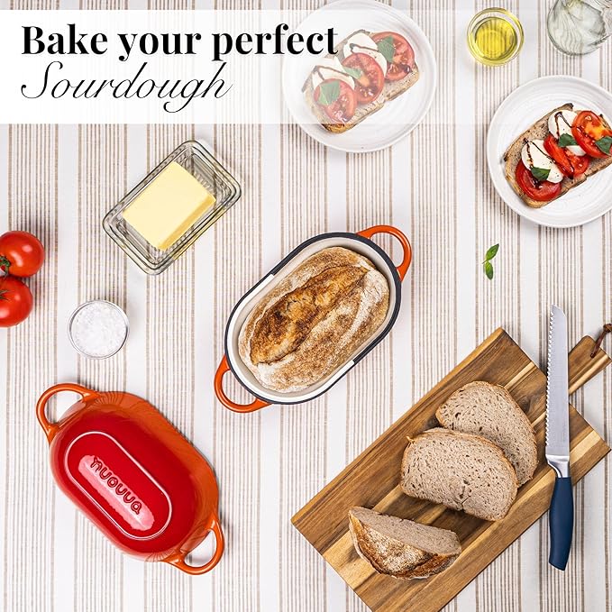 Dutch Oven For Sourdough Bread Baking – Enamelled Cast Iron Bread Loaf Pot – Oven Safe Non Stick Bread Pot – Rectangular, Orange, 24cm x 16cm – by Nuovva