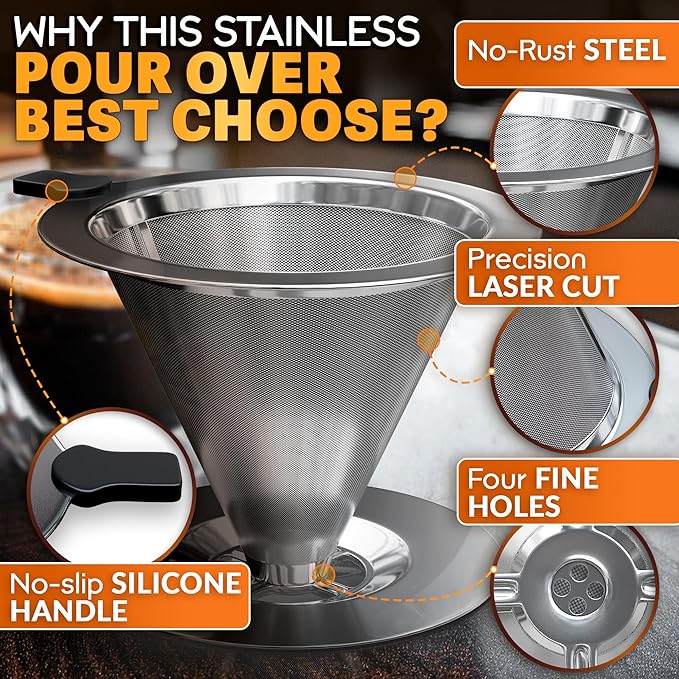 Stainless Steel Pour Over Coffee Maker With Cleaning Brush & Non-Slip Silicone Handle - 2 Cups Capacity Stainless Steel Coffee Pour Over Dripper With Secure Wide Base, Clean Flavor Paperless